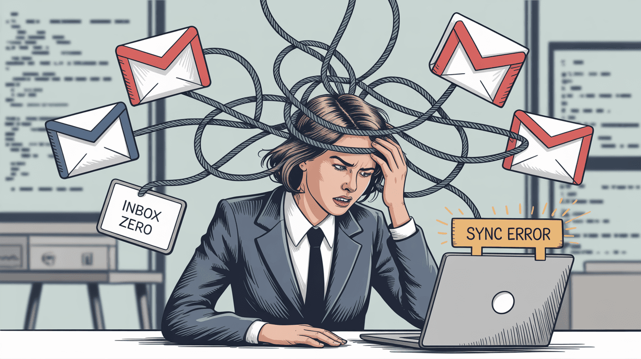Professional struggling with Gmail sync problems showing tangled email connections and sync errors